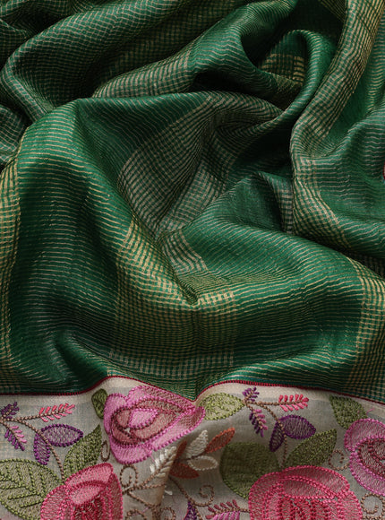 Green - Beige Tussar Zari Checked Pattern Embroidery Saree