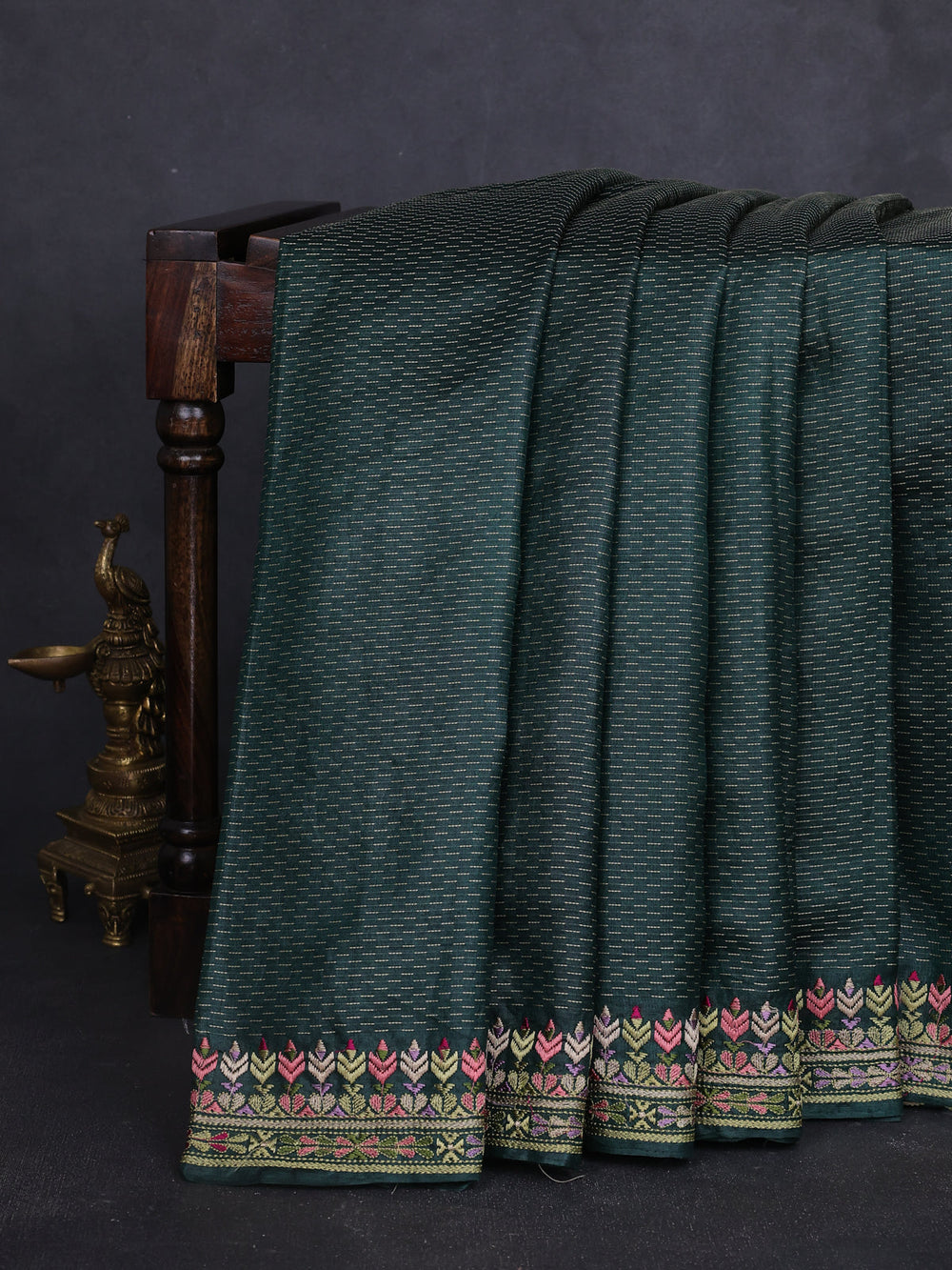 Bottle Green Tussar Embroidery Saree