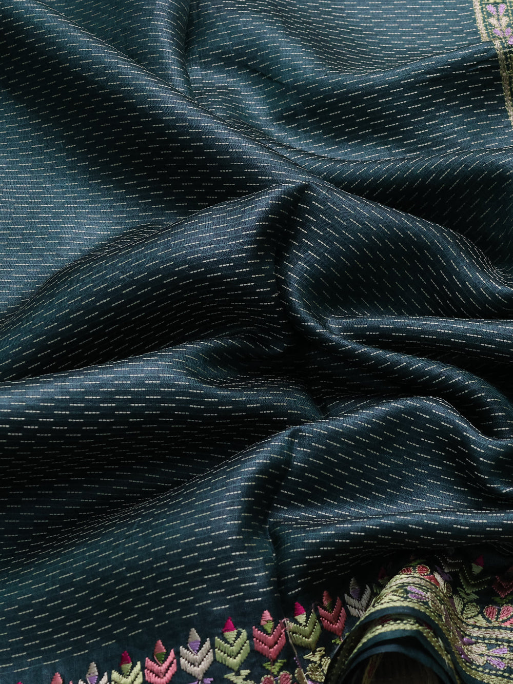Bottle Green Tussar Embroidery Saree