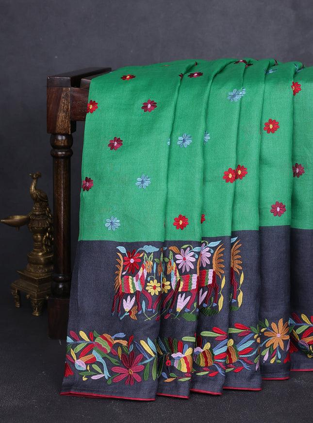 Green - Violet Tussar Embroidery Saree