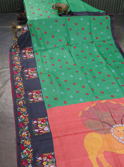 Green - Violet Tussar Embroidery Saree