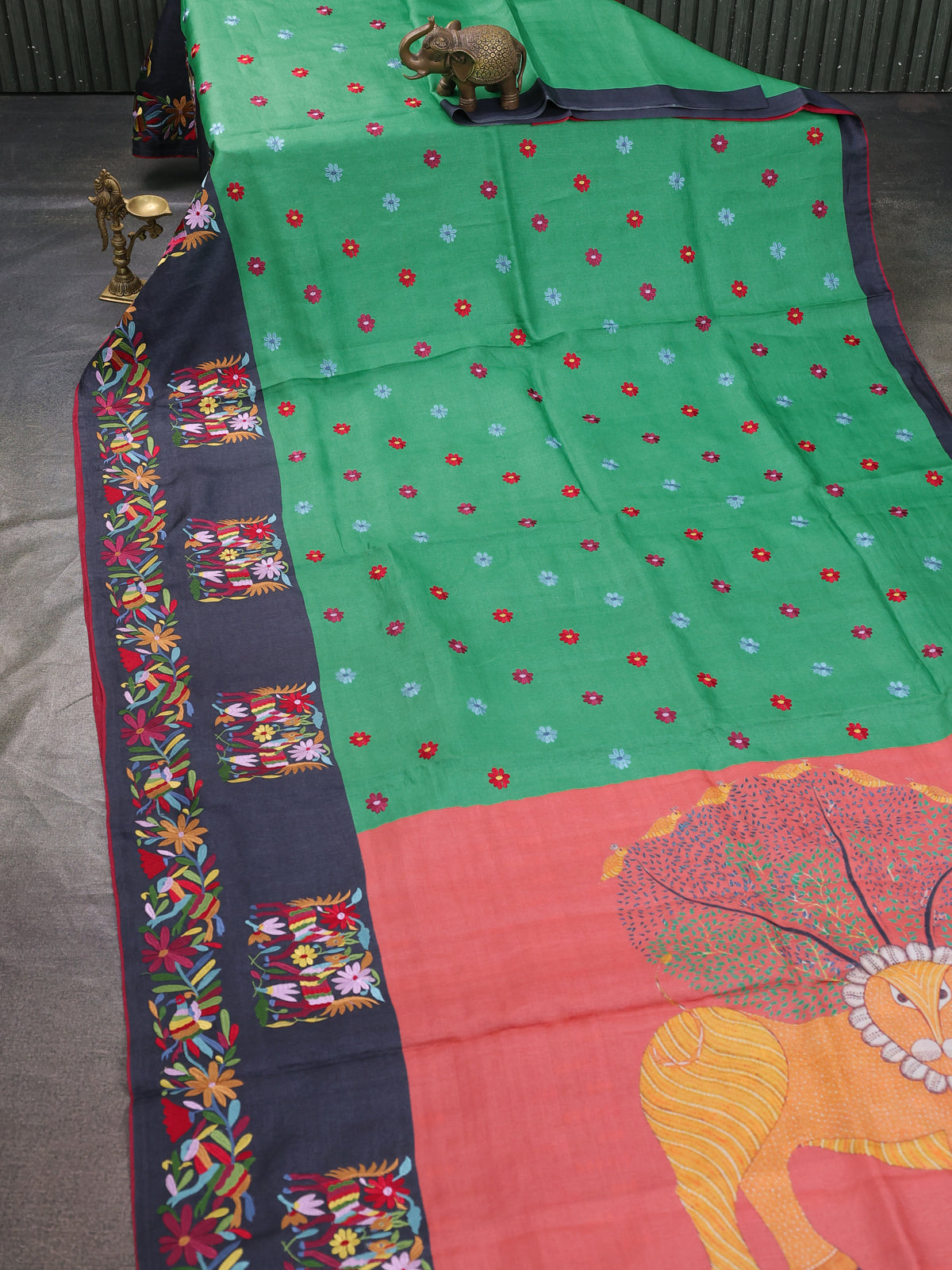 Green - Violet Tussar Embroidery Saree