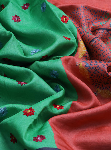 Green - Violet Tussar Embroidery Saree