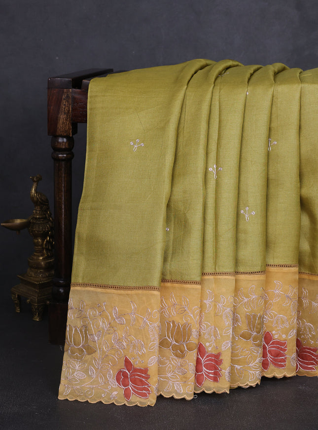 Mehendi Green - Yellow Tussar Embroidery Saree