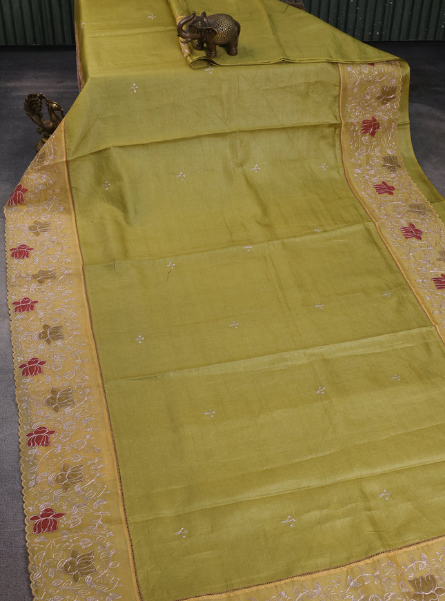 Mehendi Green - Yellow Tussar Embroidery Saree