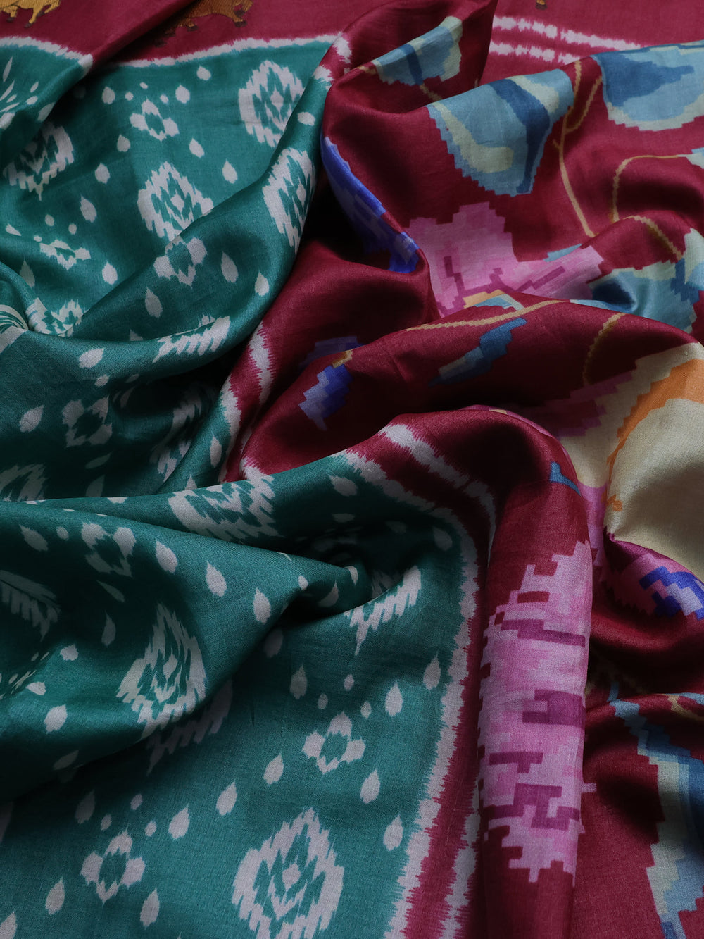 Green - Maroon Patola Pattern Tussar Embroidery Saree
