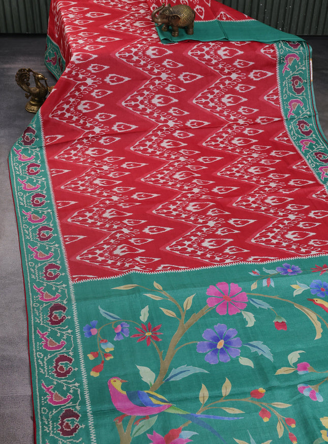 Red - Green Tussar Patola Pattern Embroidery Saree