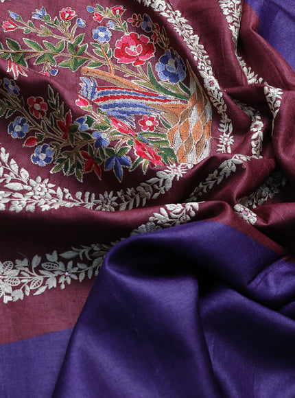 Violet - Deep Maroon Tussar Embroidery Saree
