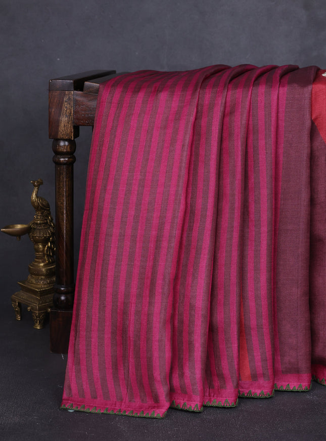 Dark Blue - Maroon Tussar Embroidery Saree