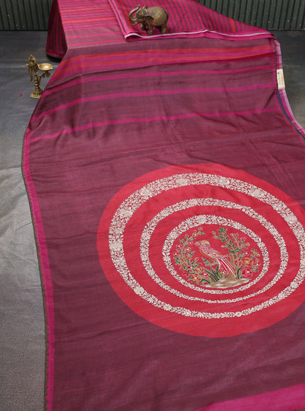 Dark Blue - Maroon Tussar Embroidery Saree