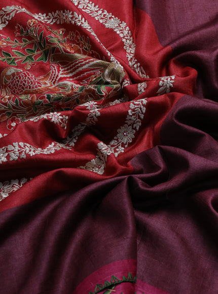Dark Blue - Maroon Tussar Embroidery Saree