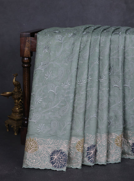 Greyish Green Tussar Embroidery Saree