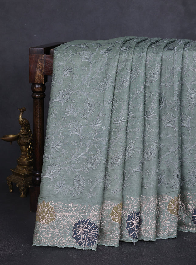 Greyish Green Tussar Embroidery Saree