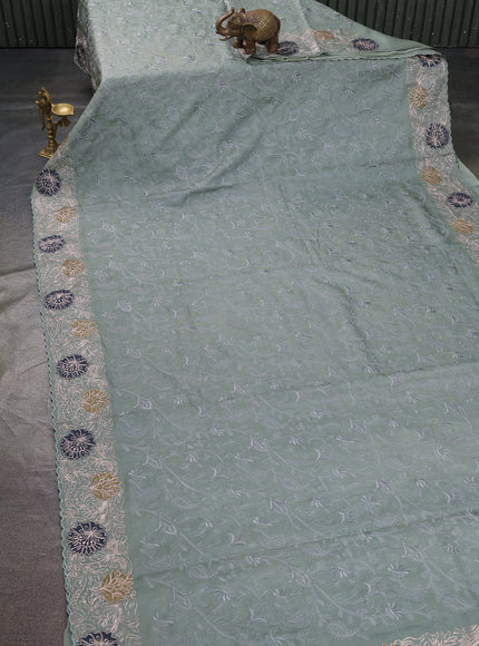 Greyish Green Tussar Embroidery Saree