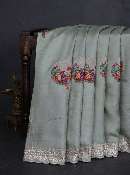 Pastel Green Tussar Embroidery Saree