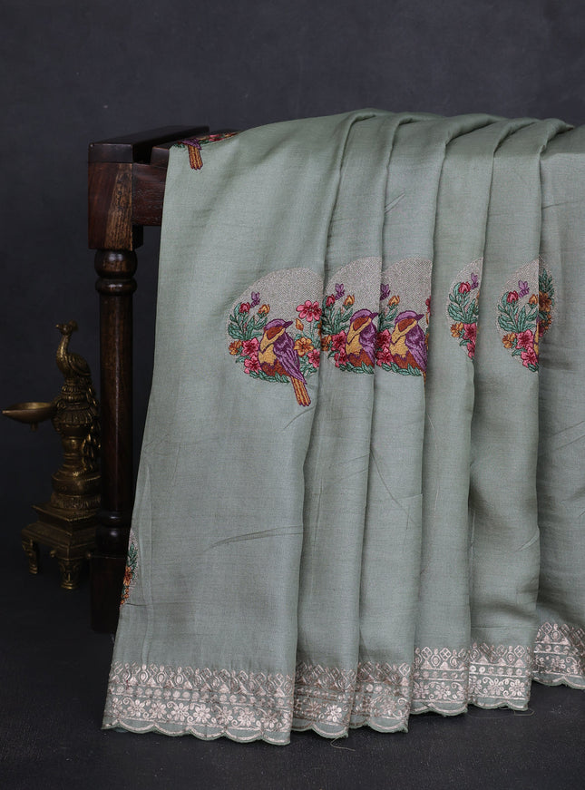 Pastel Green Tussar Embroidery Saree