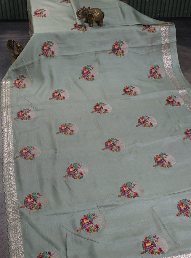 Pastel Green Tussar Embroidery Saree
