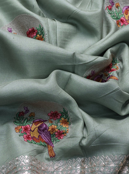 Pastel Green Tussar Embroidery Saree