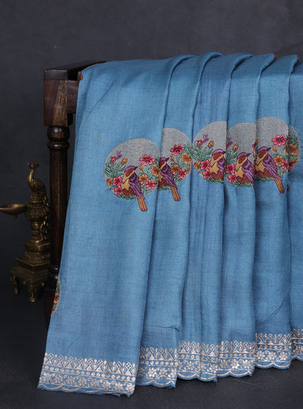 Denin Blue Tussar Embroidery Saree
