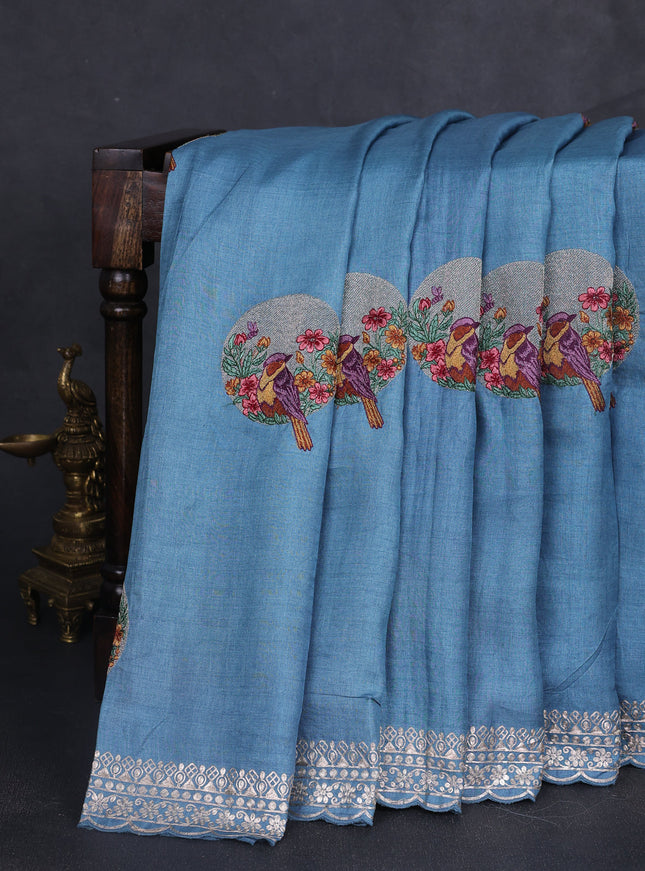Denin Blue Tussar Embroidery Saree
