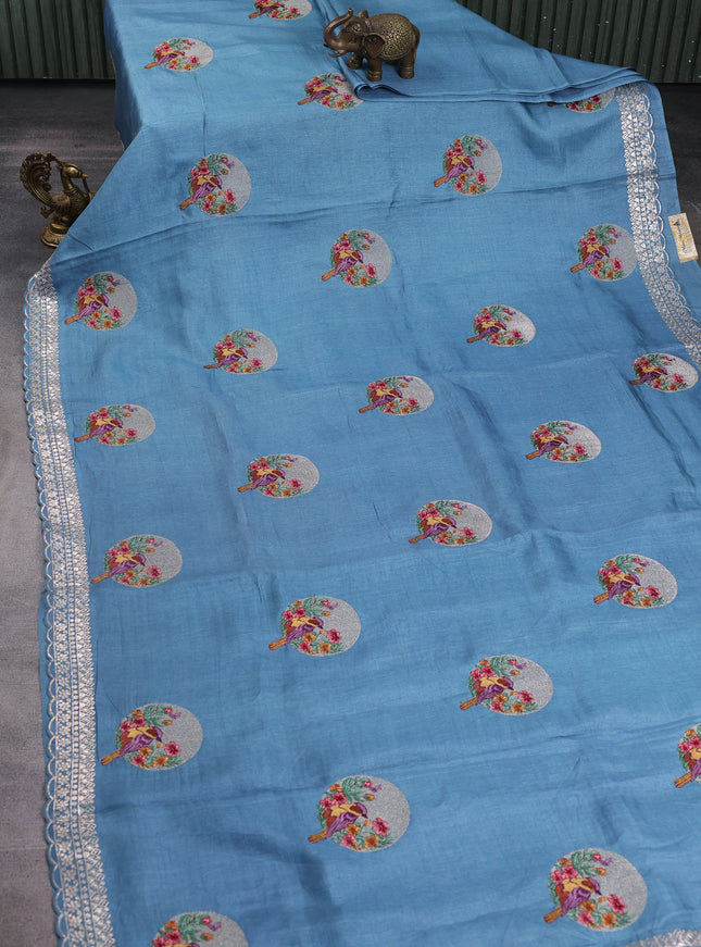 Denin Blue Tussar Embroidery Saree