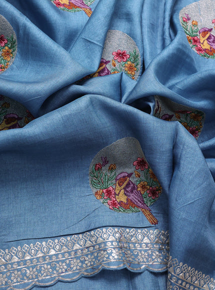 Denin Blue Tussar Embroidery Saree