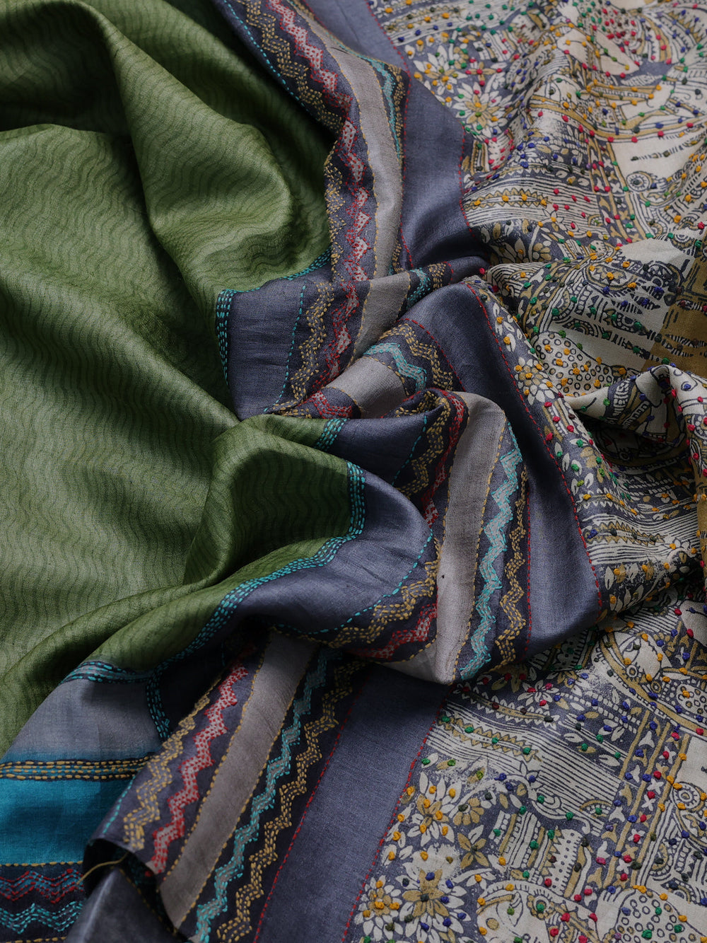 Mehendi Green Tussar Kantha Embroidery Saree
