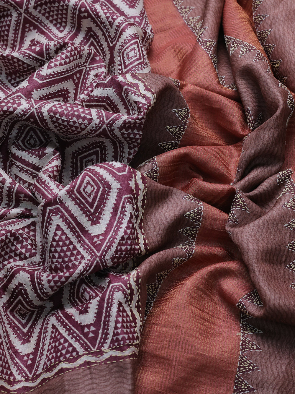 Maroon Tussar Kantha Embroidery Saree