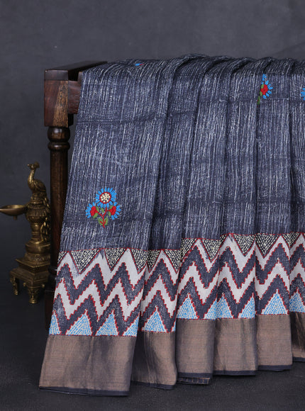 Black Tussar Kantha Embroidery Saree