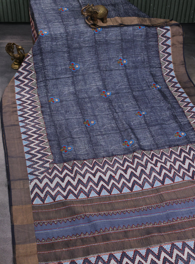Black Tussar Kantha Embroidery Saree