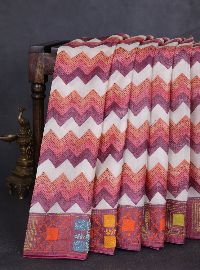 Beige-Maroon Tussar Kantha Embroidery Saree