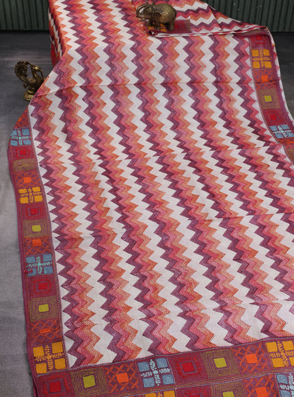 Beige-Maroon Tussar Kantha Embroidery Saree