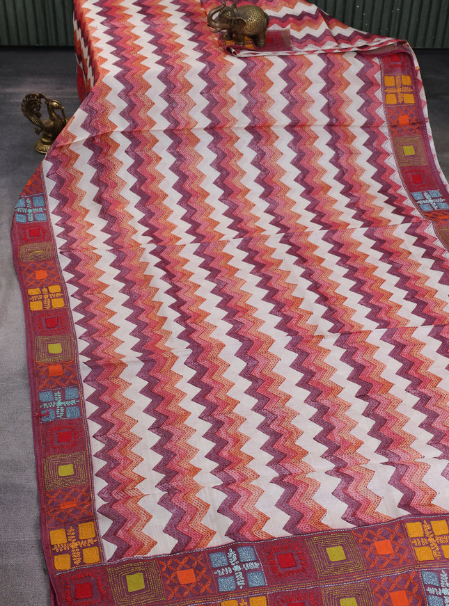 Beige-Maroon Tussar Kantha Embroidery Saree