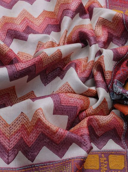 Beige-Maroon Tussar Kantha Embroidery Saree