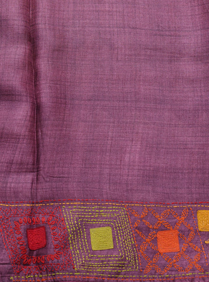 Beige-Maroon Tussar Kantha Embroidery Saree
