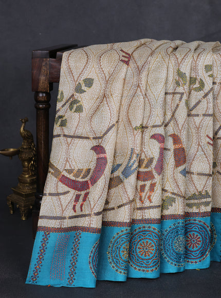 Beige-Firozi Tussar Kantha Embroidery Saree