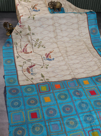 Beige-Firozi Tussar Kantha Embroidery Saree