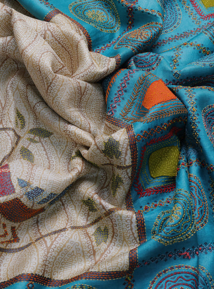 Beige-Firozi Tussar Kantha Embroidery Saree