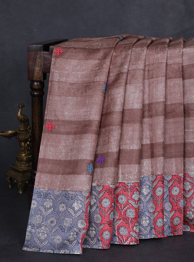 Light Brown-Red And Grey Tussar Kantha Embroidery Saree