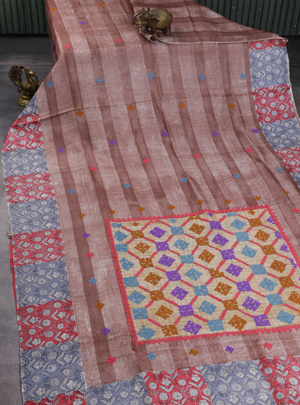 Light Brown-Red And Grey Tussar Kantha Embroidery Saree