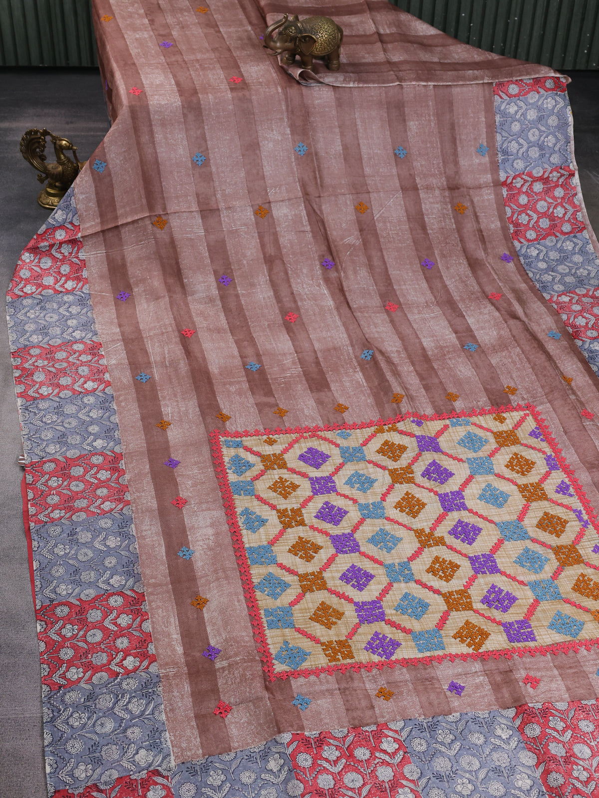 Light Brown-Red And Grey Tussar Kantha Embroidery Saree