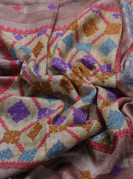 Light Brown-Red And Grey Tussar Kantha Embroidery Saree