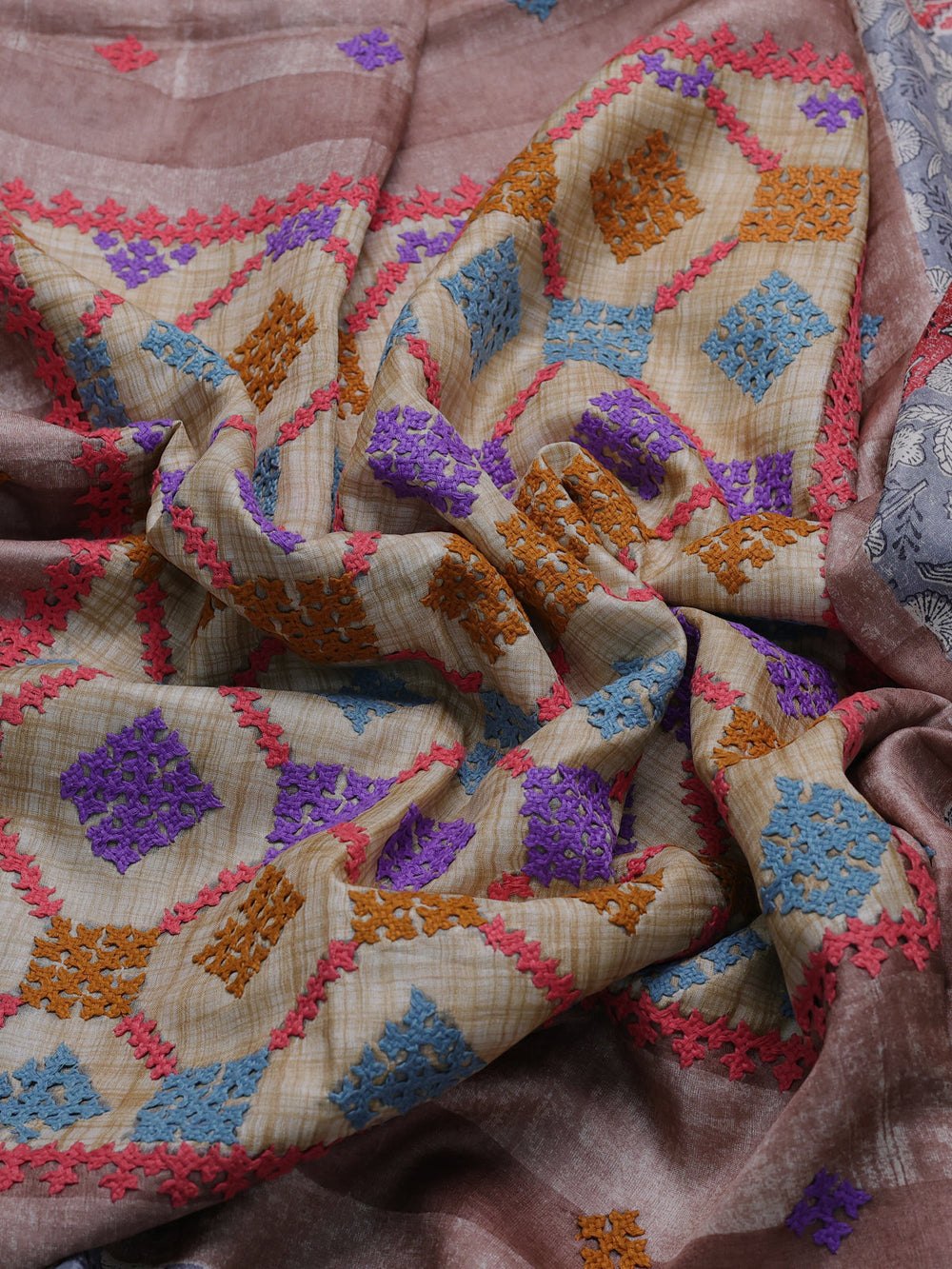 Light Brown-Red And Grey Tussar Kantha Embroidery Saree