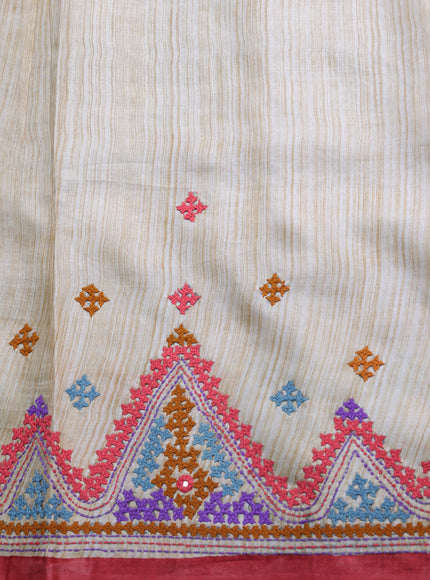 Light Brown-Red And Grey Tussar Kantha Embroidery Saree