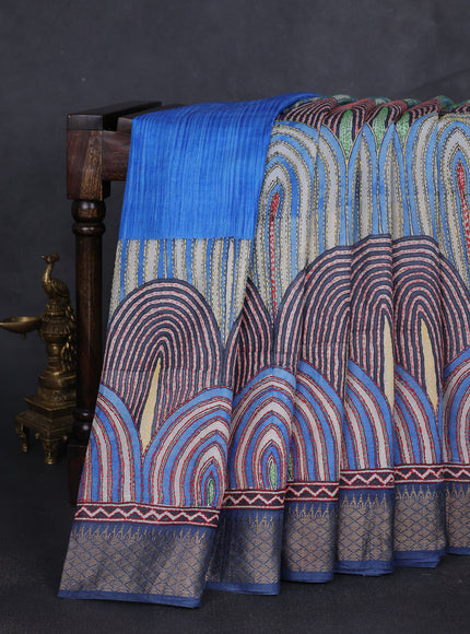 Royal Blue Tussar Kantha Embroidery Saree