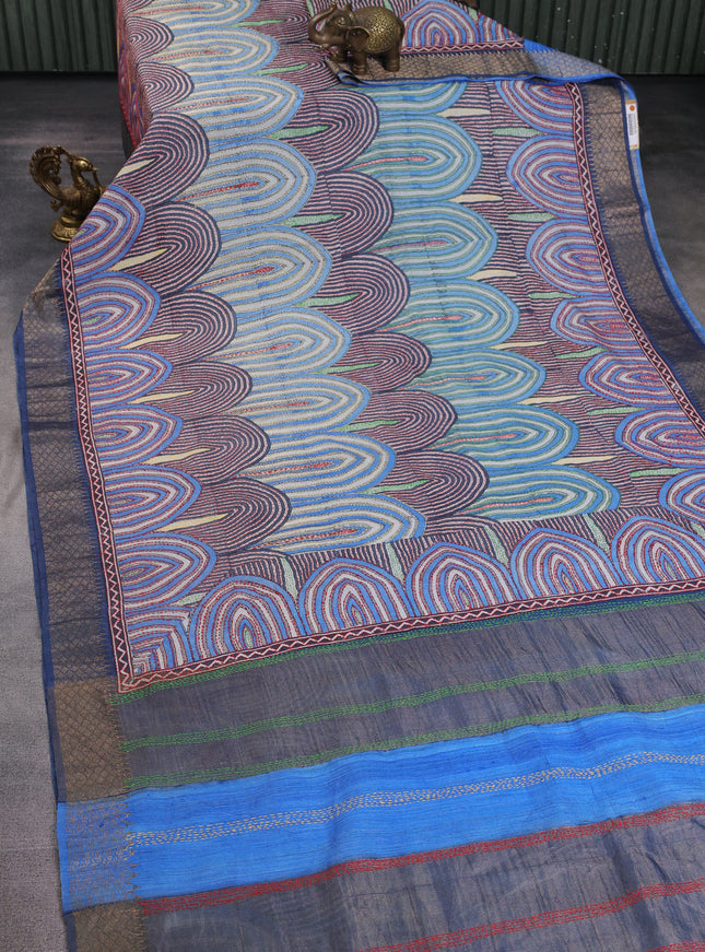 Royal Blue Tussar Kantha Embroidery Saree