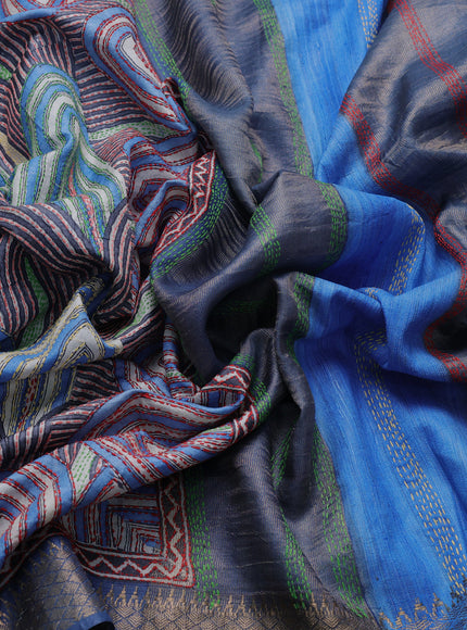 Royal Blue Tussar Kantha Embroidery Saree