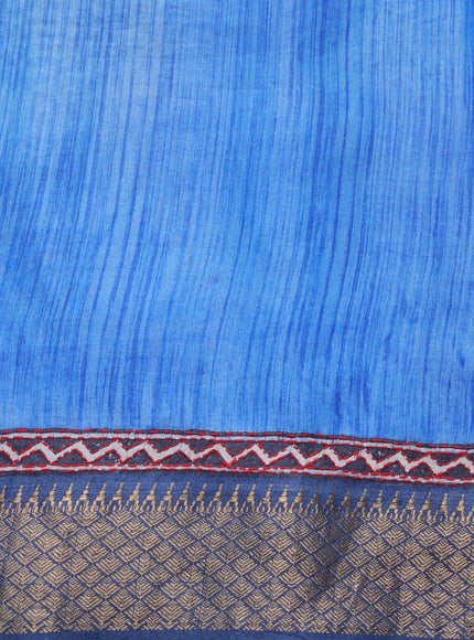Royal Blue Tussar Kantha Embroidery Saree