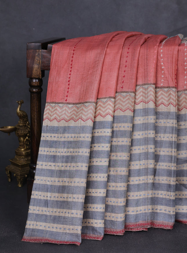 Beige-Rust Tussar Kantha Embroidery Saree
