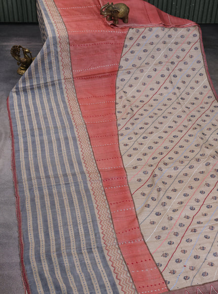 Beige-Rust Tussar Kantha Embroidery Saree